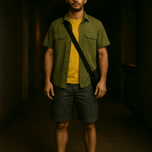 Full-length picture of the same character, his black hat and grey cargo shorts can be visible