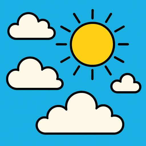 Un fondo todo celeste con nubes y un sol.
In-Game asset.  2d.  High contrast.  No shadows