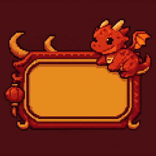 A horizontally-oriented pixel art score frame designed for a fantasy-themed 2D retro game featuring a baby dragon.
The frame is intended to be placed at the top center of the screen during gameplay.
It has a rounded rectangular shape with a rich dark red or deep gold background and mystical decorative accents.
The inside of the frame is filled with a solid warm color (not transparent) to allow number assets to be placed on top.
Small fantasy elements like tiny dragon scales, curved horns, or red lantern motifs can appear on the corners or edges to match the baby dragon theme.
The overall look is mystical, cute, and fits a traditional Eastern-inspired fantasy aesthetic..
In-Game asset.  2d.  High contrast.  No shadows. pixel art. side view. fantasy. retro game. dragon theme. eastern style. cute. rich colors. mystical