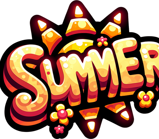 Create an SVG text design for "SUMMER" in bold cartoon style with chunky rounded letters. Add sun rays and small flower details in warm, vibrant colors.​​​​​​​​​​​​​​​​.
Single Game Texture. In-Game asset. 2d. Blank background. High contrast. No shadows.