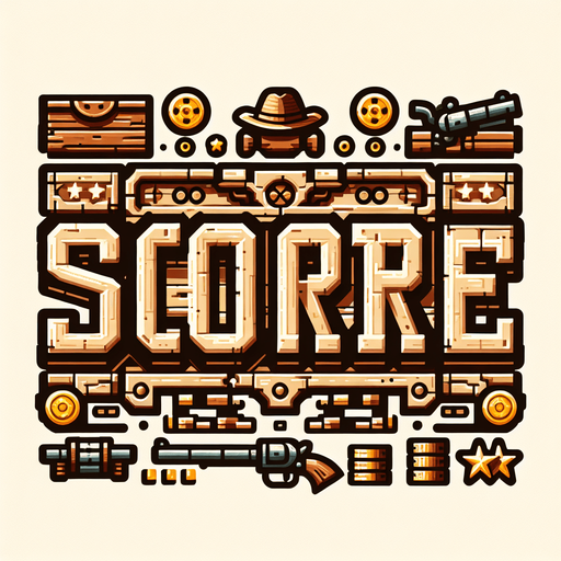 western inspired letters that spell "Score".
Single Game Texture. In-Game asset. 2d. Blank background. High contrast. No shadows.