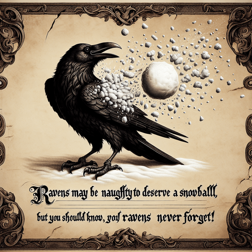 a pergament with a raven hit by a snowball on the top. At the bottom is the text: "Ravens may be naughty to deserve a snowball, but you should know, Ravens never forget!"