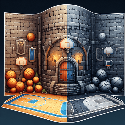 basketball dungeon background.
Single Game Texture. In-Game asset. 2d. Blank background. High contrast. No shadows.