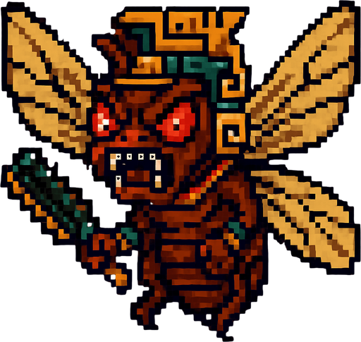 Genérame una Chicharra guerrero azteca con eso patrones, estilo pixelar, con una apariencia maligna, ojos rojos, rabioso. Unidad aerea con alas. Animal.
In-Game asset.  2d.  High contrast.  No shadows