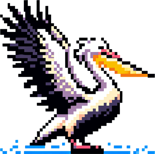 8-bit profile of pelican flapping it's wings downward.
Single Game Texture. In-Game asset. 2d. Blank background. High contrast. No shadows.