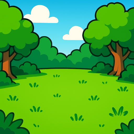 a cartoon style 3d image of a green meadow with trees on the edges and a clearing in the middle..
In-Game asset.  2d.  High contrast.  No shadows