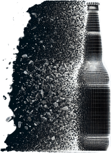 vertical exploded glass beer bottle.
Single Game Texture. In-Game asset. 2d. Blank background. High contrast. No shadows.
