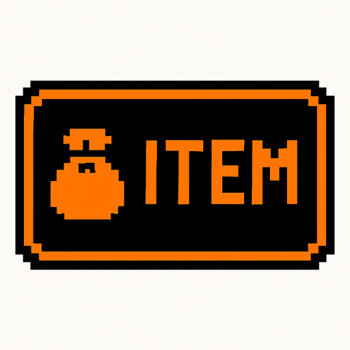 Black button with an orange outline that says "Item" and has a Bag icon, pixel art.
In-Game asset.  2d.  High contrast.  No shadows
