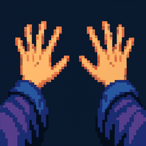 A first person view of set of hands splayed out as if to cast a spell. Facing away. Mystical robes around the wrists.  Pixel art
In-Game asset.  2d.  High contrast.  No shadows