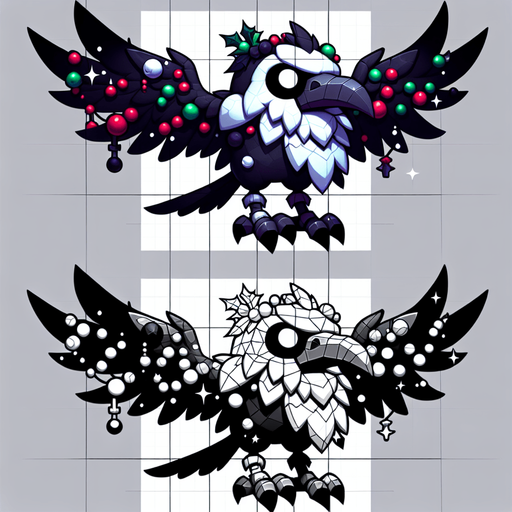 evil flying cartoon raven, sideview, christmas style Single Game Texture. In-Game asset. 2d. Blank background. High contrast. No shadows.