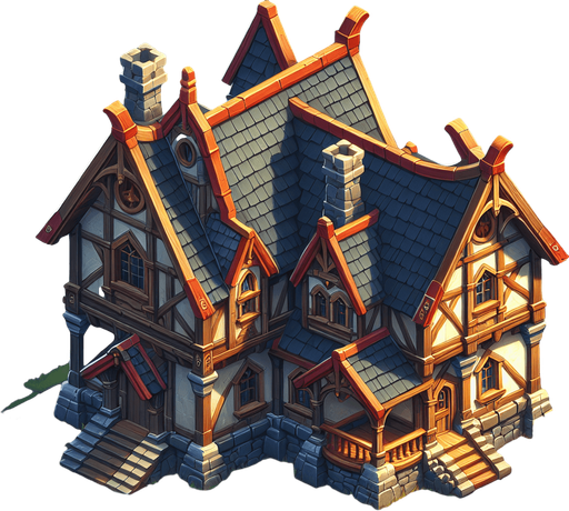 a house in a warcraft 2 style Single Game Texture. In-Game asset. 2d. Blank background. High contrast. No shadows.