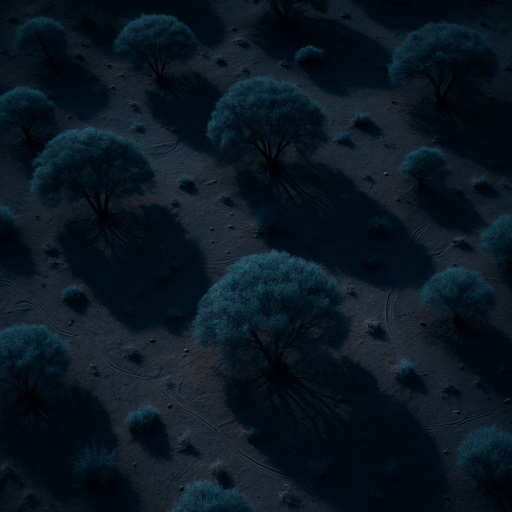 Photorealistic desert trees at night, bird view