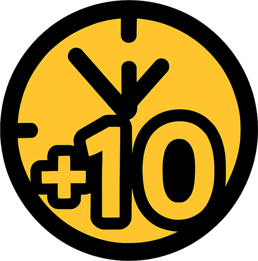 +10 inside of a clock icon.
In-Game asset.  2d.  High contrast.  No shadows