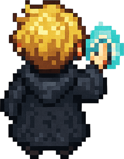 "Top-down 2D pixel art of a young male wizard child, viewed from a perfect 90-degree angle directly overhead (true bird’s-eye view), facing away from the viewer (back view). He has short, wavy blonde hair and wears a long, flowing black robe with subtle magical runes on it. Small dark boots are barely visible beneath the robe. His robe has a slightly oversized hood resting on his back. He is standing still in a casting pose, one small hand slightly raised forward as if ready to cast a spell. A glowing blue aura surrounds his hand to indicate magic. The lighting is soft and ambient, suitable for a fantasy RPG game. Style is classic 16-bit RPG pixel art, SNES-era quality. Transparent background.".
In-Game asset.  2d.  High contrast.  No shadows