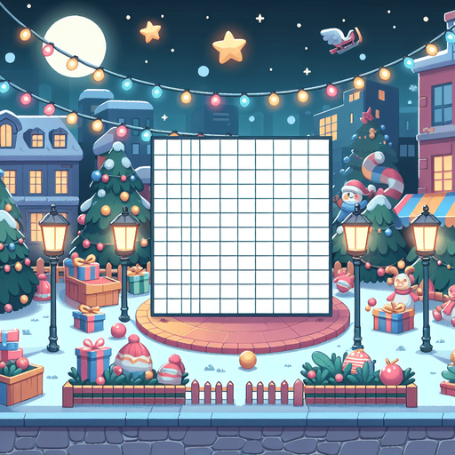 Outdoor, nighttime Christmas Background for puzzle game. Cartoon. Pastel colors, flat shaded, vector art. Full width blank square in center. Sharp corners.