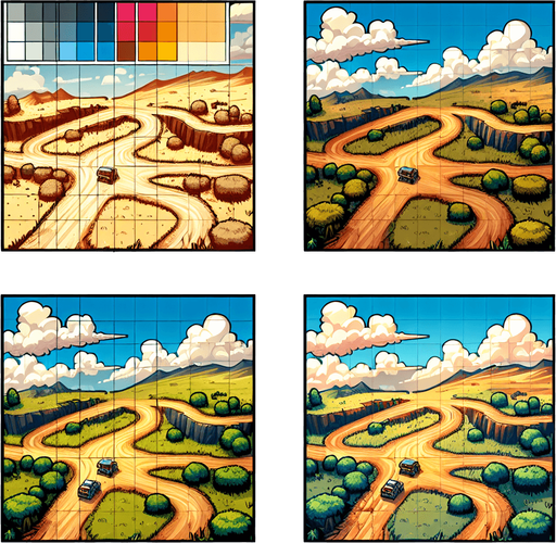 A plain in a comic style with a dirt road with 4 turn staring to top to the botom see from a top and 50 meter high view Single Game Texture. In-Game asset. 2d. Blank background. High contrast. No shadows.
