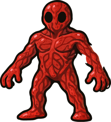 Kırmızı kasları ve damarları gözüken slime ama çok değil az gözüken damarları.
In-Game asset.  2d.  High contrast.  No shadows elleri ayakları var kırmızı sinirli insan boyunda kısa değil