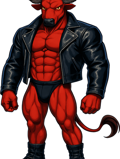 idle animation hunky Minotaur man Cyberpunk manga, minotaur monster hunk, shiny black leather biker jacket longsleeves shirtless muscles, jockstrap combat boots, Background removed, "Full-body character, entirely in frame, no cropping of face, head, or feet" "Complete character visible, from horns to hooves, fully centered in the image" "Entire character, including face and boots, fully within the frame" Character fully contained within a square frame, no edges cut off fashion model idle pose