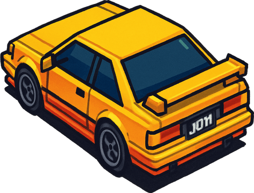 JDM car, seen from behind see from 45 degree 

Top-down, gta2, Single Game Texture. In-Game asset. 2d. Blank background. High contrast. No shadows.isometric