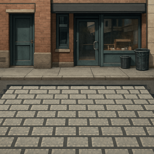 A realistic urban background with a pixel art style sidewalk. The pavement should clearly show pixelated texture and structure, resembling retro pixel art, while the rest of the scene maintains a more detailed or semi-realistic look..
In-Game asset.  2d.  High contrast.  No shadows