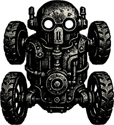 has un robot negro tipo auto steampunk con aspecto desgastado que se mueva con llantas y este en una vista desde arriba

In-Game asset.  2d.  High contrast.  No shadows