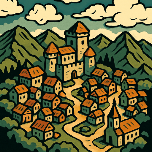 Üstten görünen bulutlu bir hava va aşağıda dağlar ve orta çağ kasabası.
In-Game asset.  2d.  High contrast.  No shadows