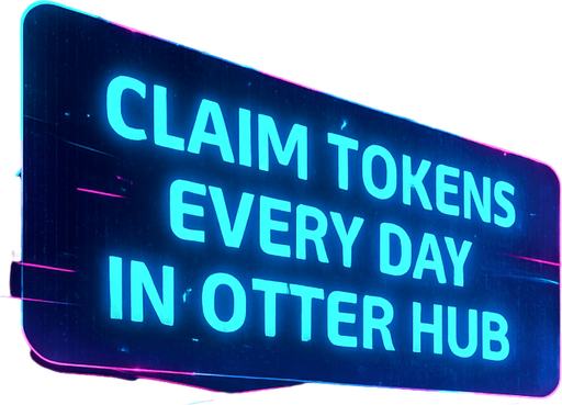 Create a dynamic 4K digital background for a cyberpunk mobile game interface. The scene shows a sleek, rain-drenched urban plaza with neon-lit walkways and towering digital screens. One large holographic banner reads ‘Claim tokens every day in Otter Hub’ in bold, glowing lettering. Surround it with animated light trails, drifting data particles, and subtle reflections in wet pavement. In the distance, angular skyscrapers pulse with magenta and cyan accents against a misty night sky. This image should serve as an eye-catching game menu backdrop—no characters or coins visible..
High contrast.  No shadows