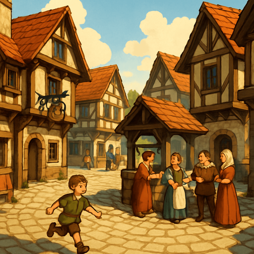 A quaint medieval town square with cobbled streets, wooden signs, children playing, townsfolk chatting near a well, cheerful and warm vibe, realistic
In-Game asset.  2d.  High contrast.  No shadows