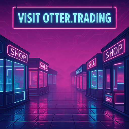 Produce a cyber-market plaza at dawn under diffuse magenta light. Glass kiosks line the area, each casting neon reflections on wet stone tiles. A floating banner above reads ‘Visit otter.trading’ in bold luminous text. Include subtle drifting circuit-patterned mist—coin- and character-free..
In-Game asset.  2d.  High contrast.  No shadows