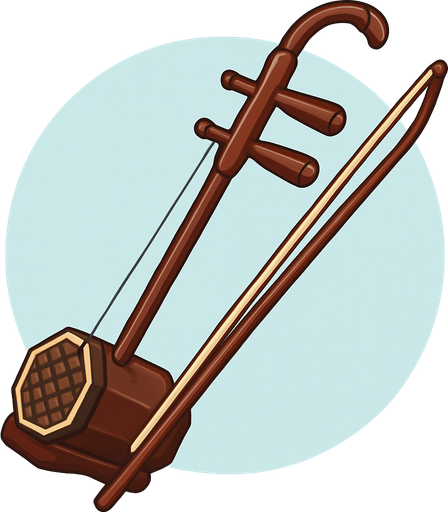 A clean 2D illustration of a traditional Chinese erhu string instrument, showing the bow and curved neck. Stylized with soft shadows, light highlights, and a transparent rounded background for use in educational games..
In-Game asset.  2d.  High contrast.  No shadows
