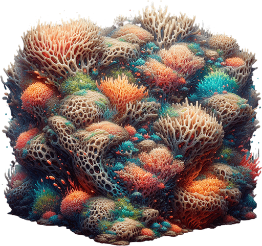 Coral with seeweed inside of it.
Single Game Texture.  In-Game asset.  2d.  Blank background.  High contrast.  No shadows