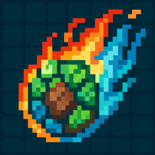 Generame unm meteorito pixelar elemental con todos los elementos.
In-Game asset.  2d.  High contrast.  No shadows