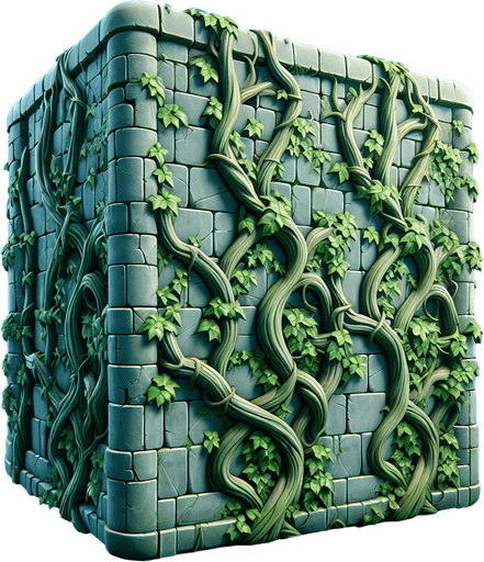 A barier wall with vines on it.
Single Game Texture.  In-Game asset.  2d.  Blank background.  High contrast.  No shadows