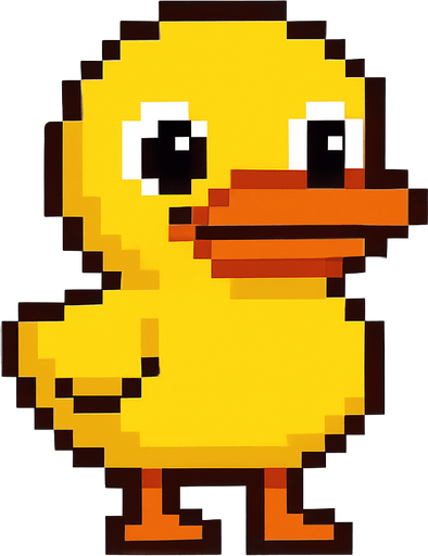 El pato debe ser un personaje simpático y reconocible en estilo pixel art, con cuerpo amarillo redondeado, pico naranja ancho y ojos grandes y amigables; debe estar de pie sobre dos patas naranjas, con pequeñas alas a los costados, y puede tener una expresión alegre o curiosa; su diseño debe ser simple pero encantador, con animación sutil como un leve balanceo, parpadeo o aleteo, y fondo transparente; opcionalmente puede llevar un gorrito, flotador o bufanda para agregar personalidad, siendo perfecto para un juego casual, infantil o humorístico..
In-Game asset.  2d.  High contrast.  No shadows