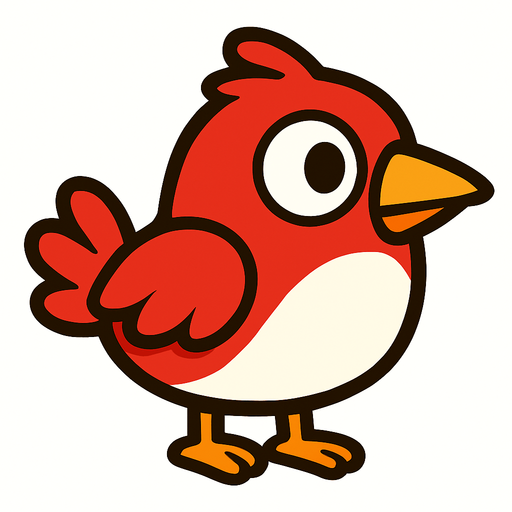 Single simple cartoon bird for a game titled "Flap & Bounce". The bird has lots red and white and is high contrast. Only bird. No shadows.
In-Game asset.  2d.  High contrast.  No shadows