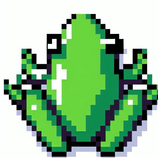 pixel art of a flat green frog, top down view.
White background, high contrast, shadowless.