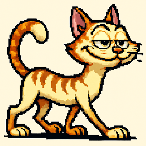 Gato con el estilo pixel art de earthworm jim mezcla con ren y stimpy, gracioso y soberbio pero adorable, caminando en cuatro patas, alto , visto de perfil, es un gato bellisimo de exposicion con pelaje suave y el lo sabe
In-Game asset.  2d.  High contrast.  No shadows