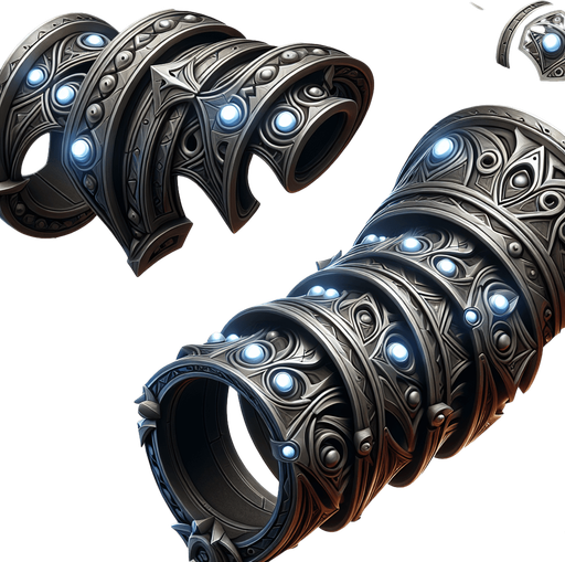 A stylized metallic bracer or weapon hilt showing empty sockets being filled by small, glowing runes or gems..
Single Game Texture.  In-Game asset.  2d.  Blank background.  High contrast.  No shadows