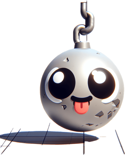 Wrecking Ball with eyes, cartoon style..
Single Game Texture. In-Game asset. 2d. Blank background. High contrast. No shadows.