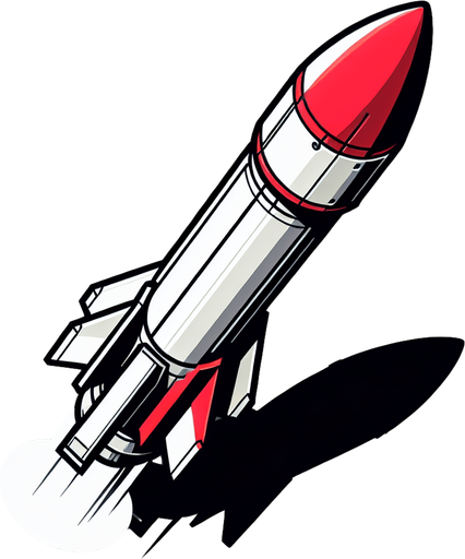 a While missile, with a red top that is pointing downwards.
Single Game Texture. In-Game asset. 2d. Blank background. High contrast. No shadows.