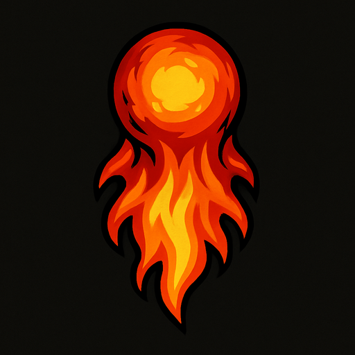 Alev topu alevi aşağı doru olan.
In-Game asset.  2d.  High contrast.  No shadows