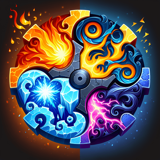 Elemental Gear Icon:
A gear made of multiple materials (fire, ice, lightning, and shadow) fused together, symbolizing crafting hybrid powers..
Colors: Vibrant orange, blue, yellow, and dark purple.
