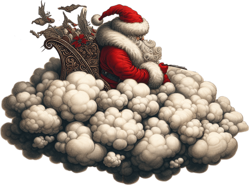 a pergament of Santa hiding with his flying sleigh and reindeers in a cloud. There is the text "In clouds you are protected from enemy attention."