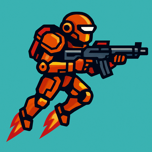 tentara robot terbang sambil memegang senjata rifle. side scroll view.
In-Game asset.  2d.  High contrast.  No shadows