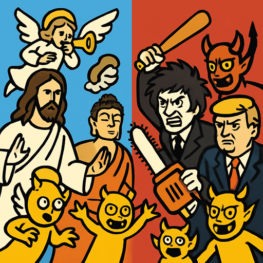 cristo, buddha y angeles vs milei con motosierra, trump con bate de basebol, devil, demons y yellow demons.
In-Game asset.  2d.  High contrast.  No shadows