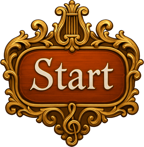 Crea un botón visual para la pantalla de inicio de un videojuego llamado Symphony Siege. El botón debe decir "Start" y estar inspirado en una sala de conciertos clásica y elementos musicales. El diseño debe tener un estilo elegante, ligeramente barroco o sinfónico, con detalles dorados y formas suaves. El texto "Start" debe estar centrado y ser legible, con una tipografía estilizada tipo partitura o manuscrito musical. El fondo del botón debe parecer una tecla de piano brillante o una placa de madera de violín. El contorno puede tener detalles dorados o bronces ornamentales. El botón debe emitir una sensación de majestuosidad y armonía, no modernidad ni minimalismo.
In-Game asset.  2d.  High contrast.  No shadows