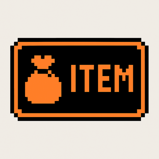Black button with an orange outline that says "Item" and has a Bag icon, pixel art.
In-Game asset.  2d.  High contrast.  No shadows
