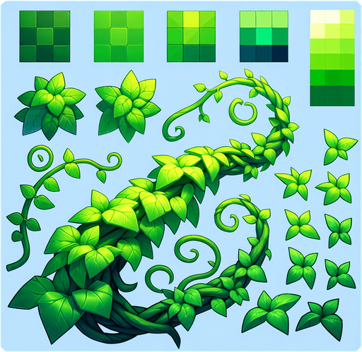 One green vine
Single Game Texture. In-Game asset. 2d. Blank background. High contrast. No shadows.