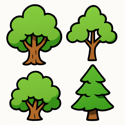 tree cartoons.
In-Game asset.  2d.  High contrast.  No shadows