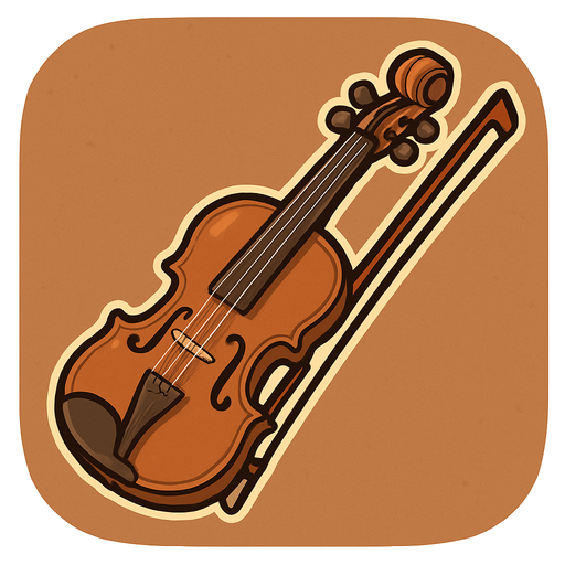 A cartoon-style 2D illustration of a traditional fiddle (similar to a violin) with a bow placed beside or over it. The fiddle should have a warm brown wooden body with visible f-holes, four strings, and tuning pegs. Add soft shadows, rounded edges, and a clean outline. The overall style should feel friendly and suitable for mobile games. Export the image as a transparent rounded brown background PNG, usable as a clickable icon in a music quiz game..
In-Game asset.  2d.  High contrast.  No shadows